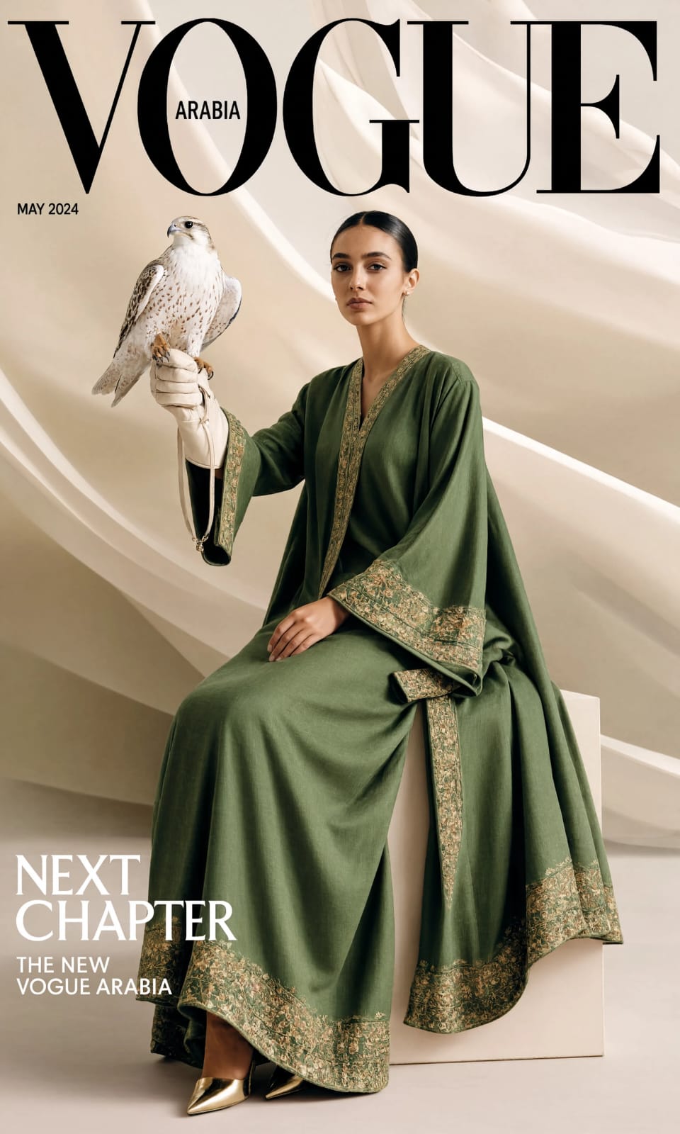 Capa de revista estilo Vogue Arabia criada com IA