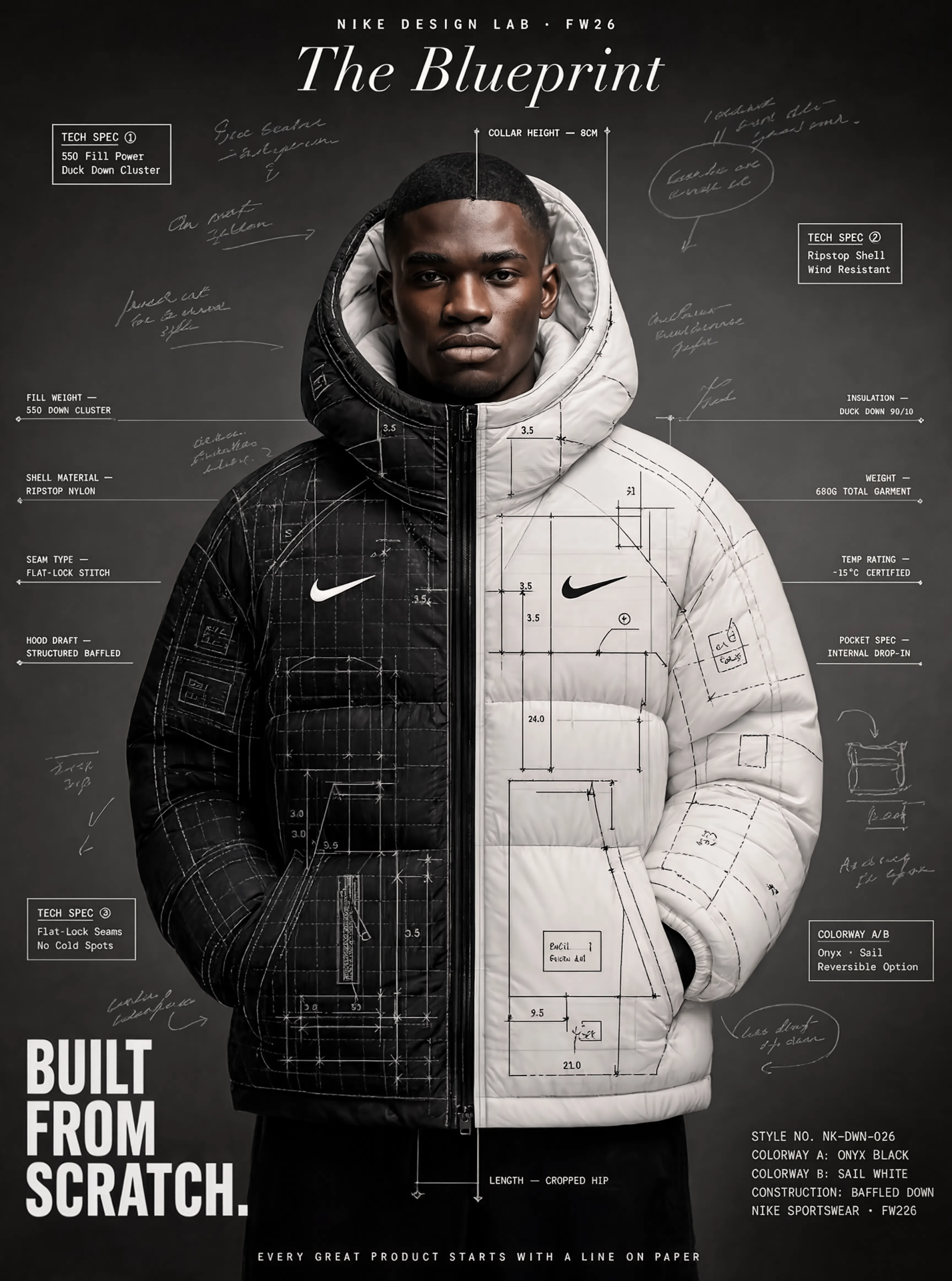 Pôster técnico estilo Nike The Blueprint criado com IA